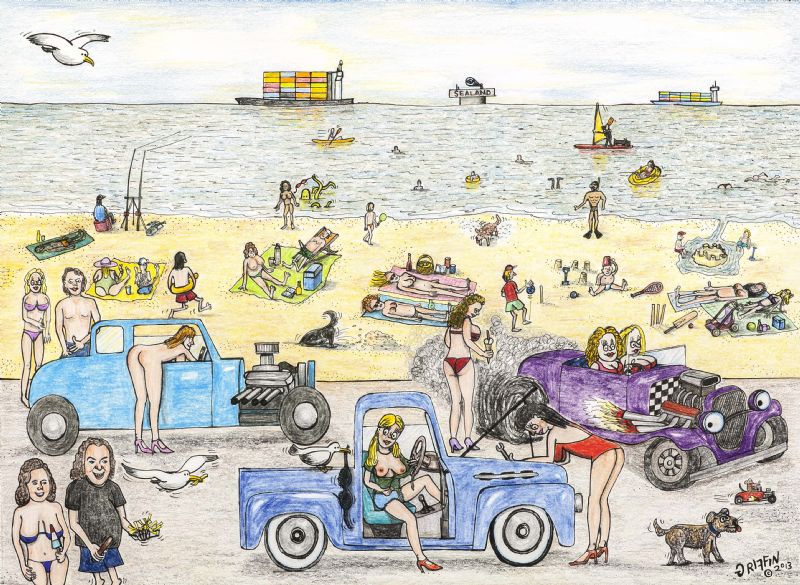 Hot Rods on the Sea Front cartoon card.
